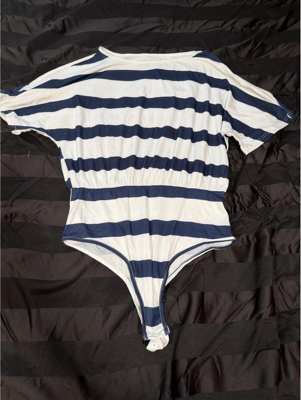 SHEIN Striped Navy Blue and‎ White Bodysuit XL